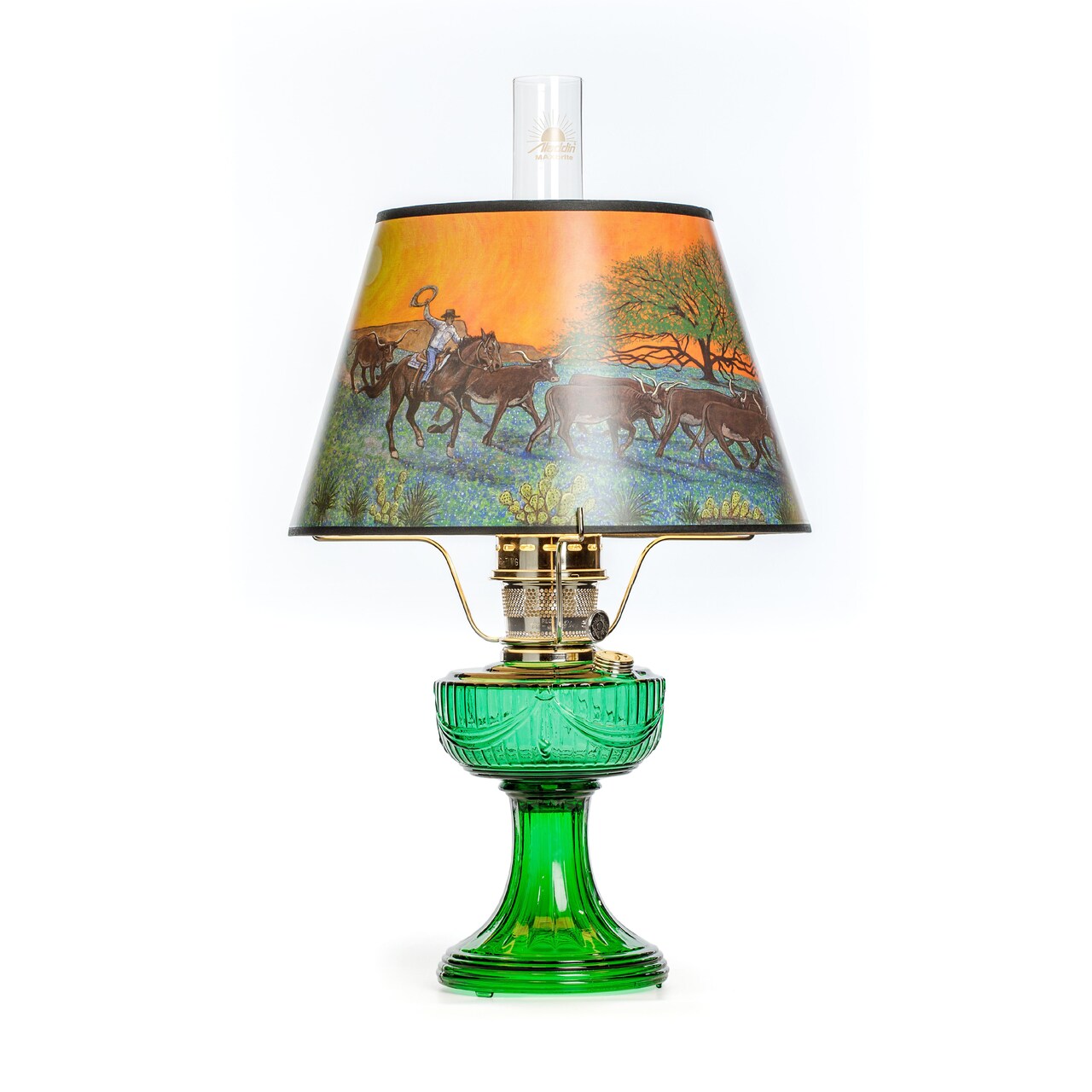 Aladdin Emerald Lincoln Drape Table Oil Lamp with Ride Into the Sunset Shade, Nickel